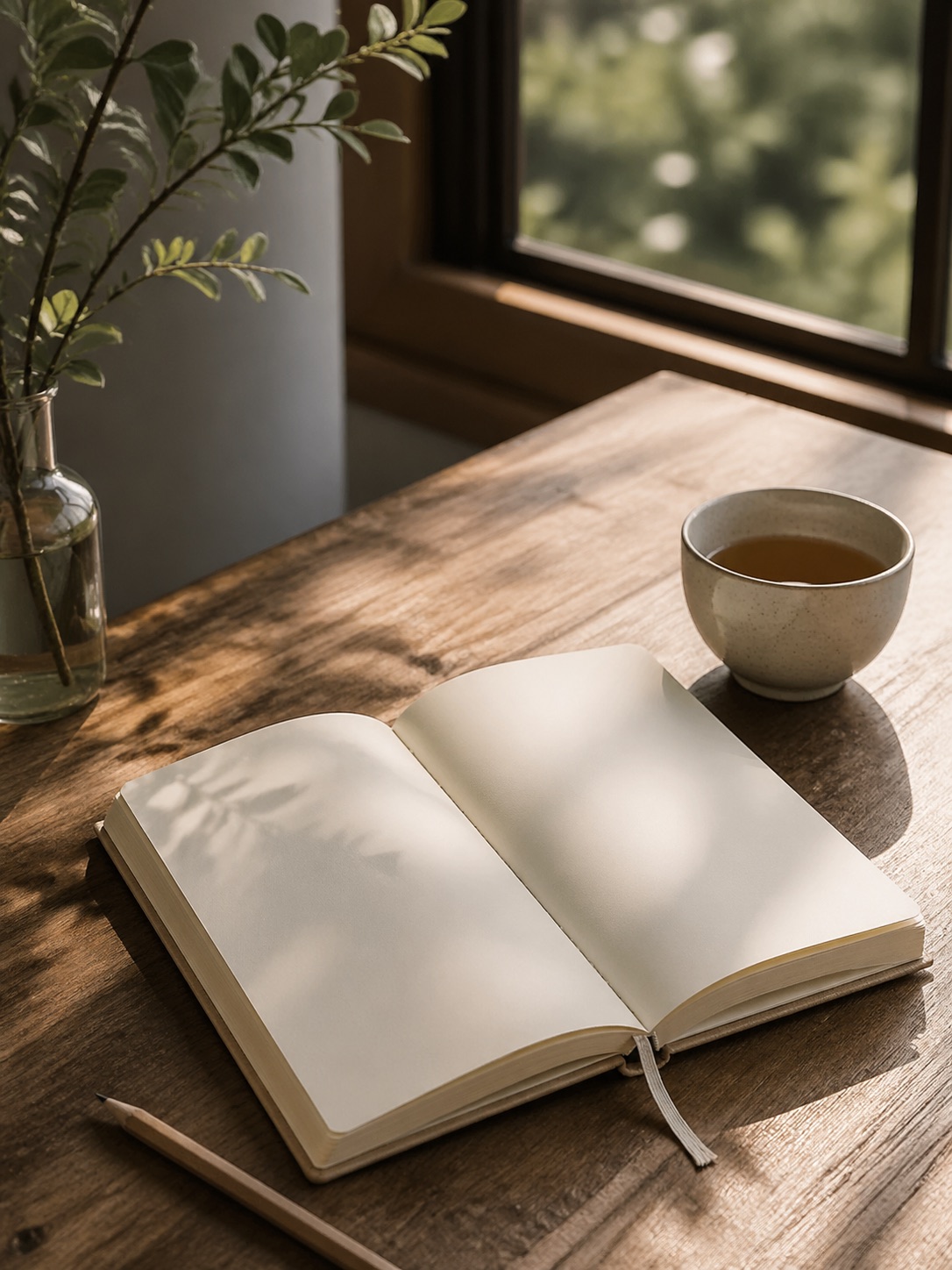 窗边木桌上的空白日记本和茶杯